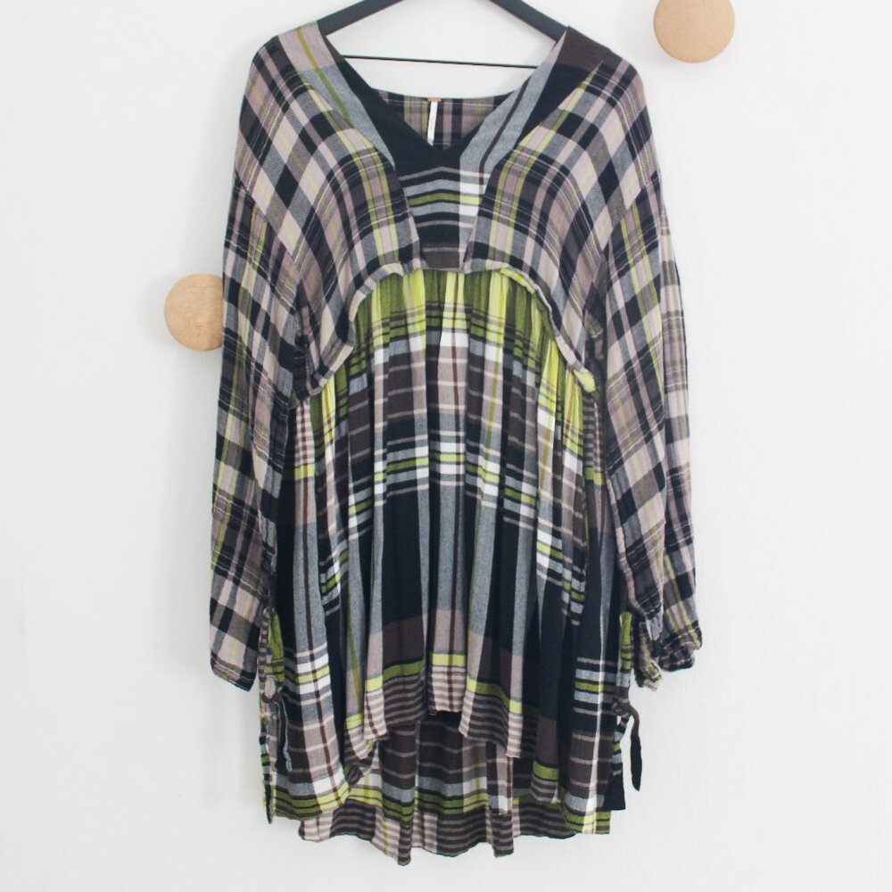 Free People Oversize v-neck plaid flowy long Sleeve Dress - Small Petite S/P
